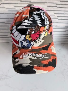 Vintage Ed Hardy by Christian Audigier Orange Camolage Brave Eagles trucker hat